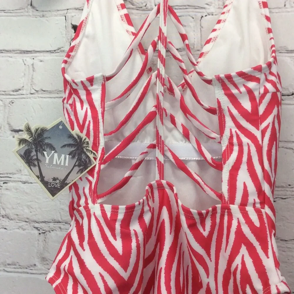 YMI Swimsuit Women's Size S One Piece Pink & White Zebra Stripe Beachy Strappy
